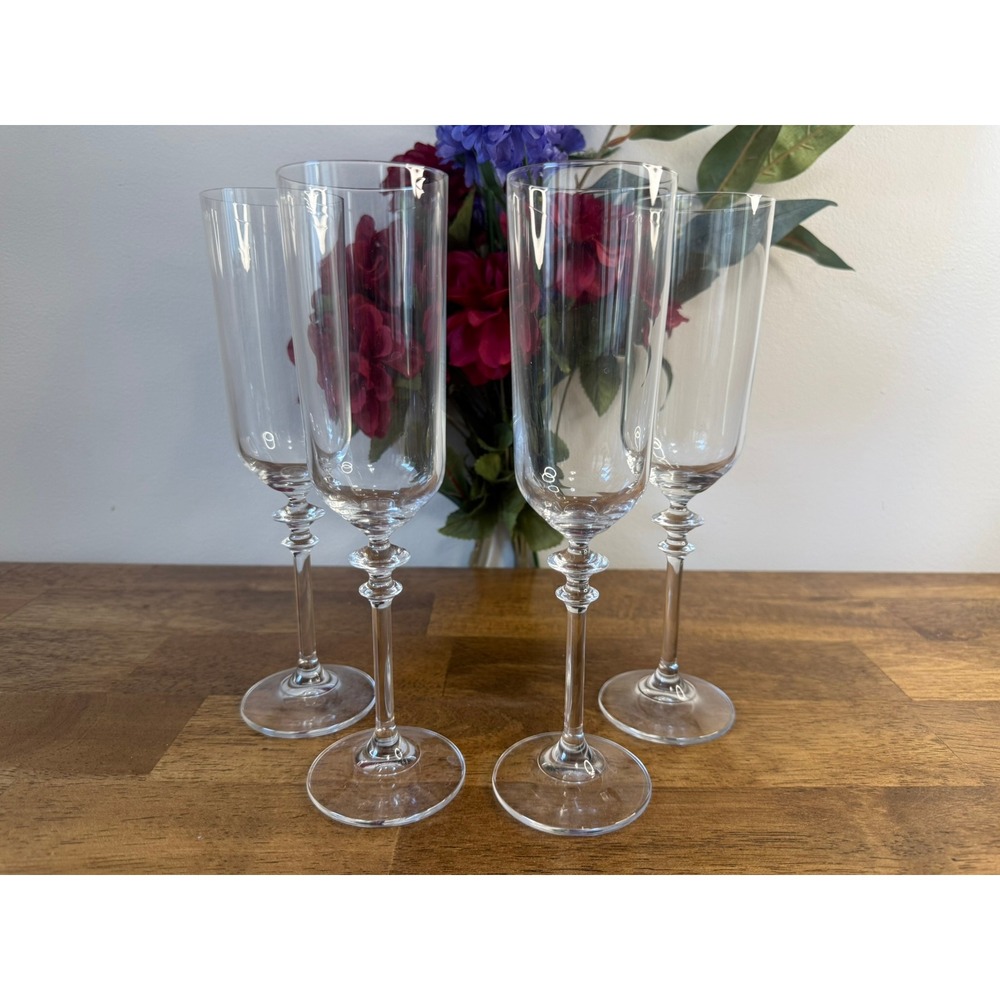 Vintage Clear Crystal Champagne‎ Flutes Set of 4 French Style Stemware Barware